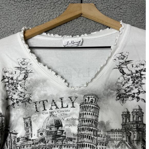 L. Marco Top Medium Italy City Art to WearRhinestone Ruffle V-Neck Shirt White - Picture 2 of 12